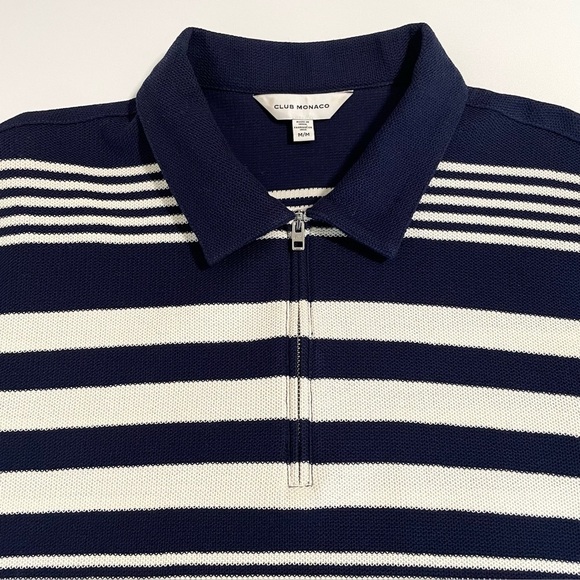 Club Monaco Block Stripe Zip Polo Short Sleeve Cotton Knit Shirt Navy Medium - Picture 11 of 14